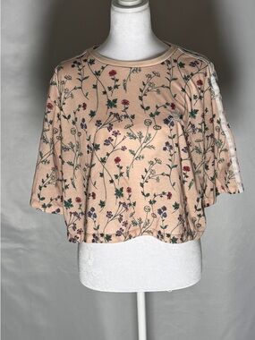 Adidas Peach Floral Crop Tee with Signature Stripes